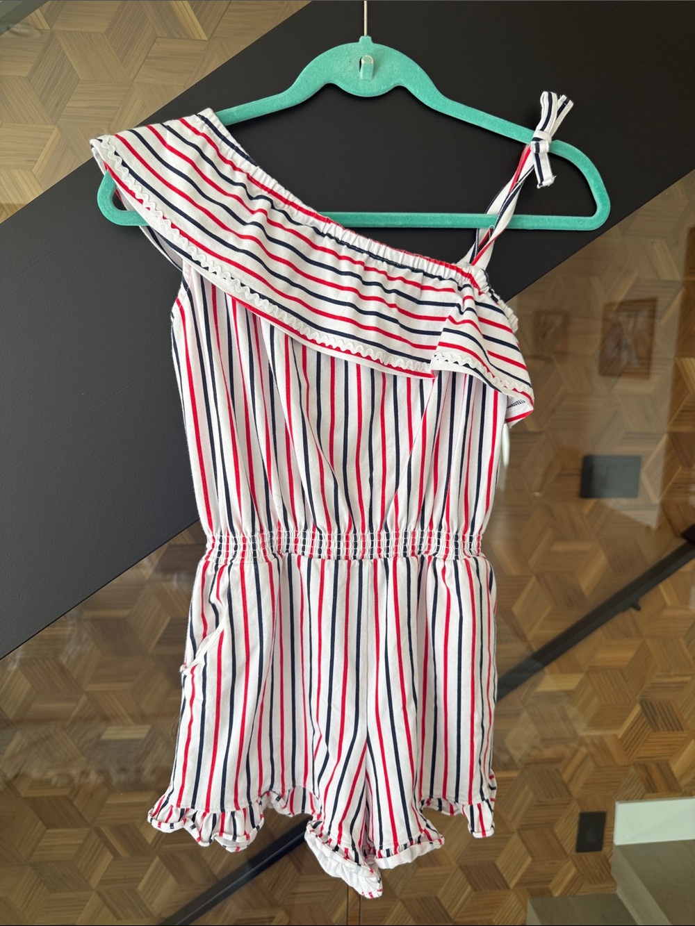 Janie and Jack Red, Navy & White Striped One-Shoulder Romper
